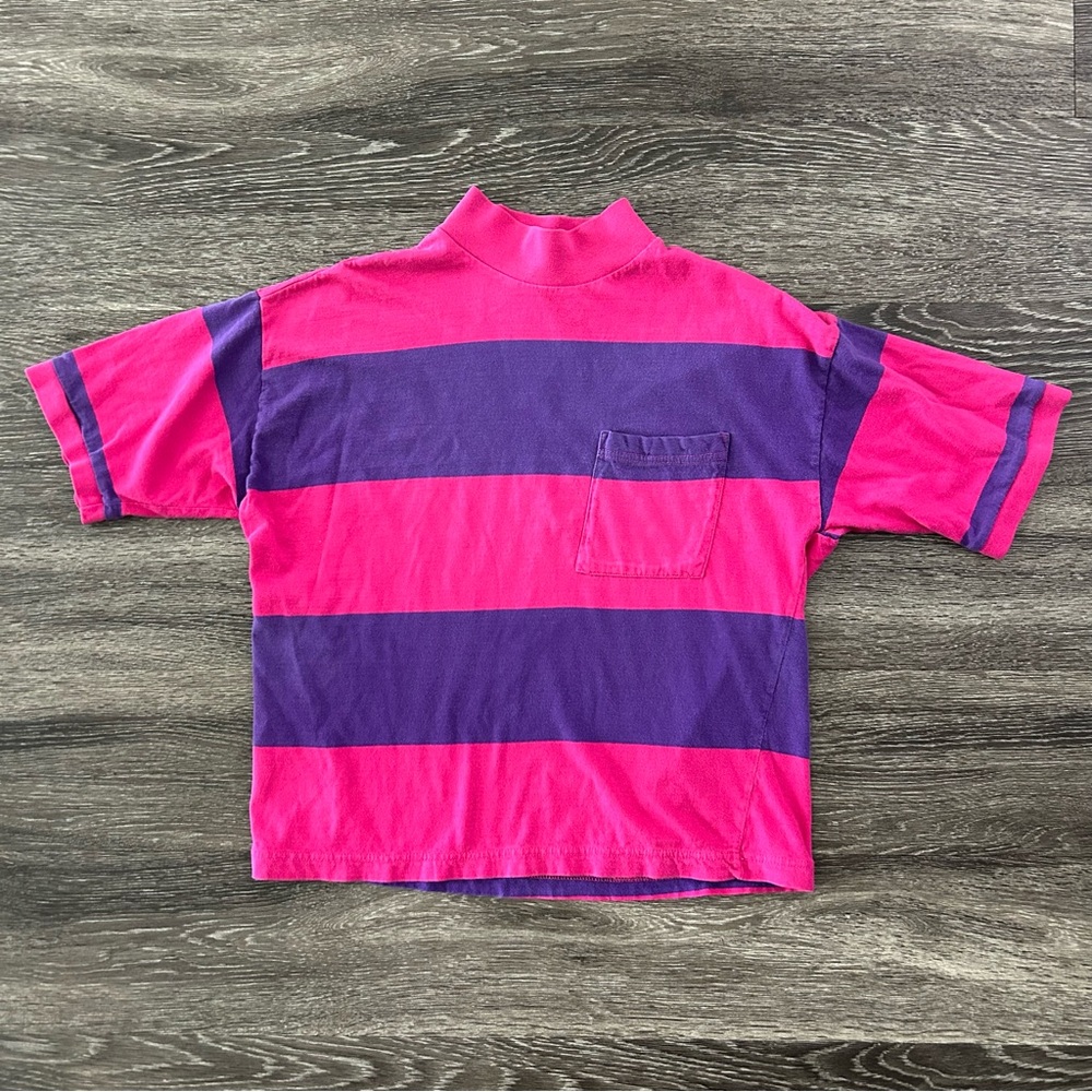 Women’s Striped Mock Neck Short Sleeve Top - Pink & Purple